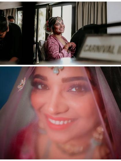 A collage of behind-the-scenes moments of the bride getting ready, capturing her happy expressions and the final touches.