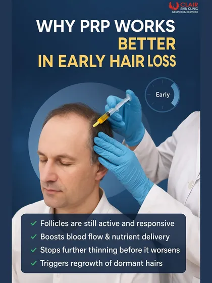 Acting early on hair loss yields the best results. This visual explains why PRP is most effective during the initial stages of thinning, as it reactivates dormant but still responsive hair follicles to prevent further loss.