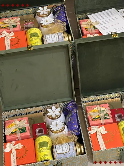 Getting a large corporate order ready for Diwali. These green velvet trunk boxes are filled with a curated selection of premium teas, sweets, and decorative jars, ensuring every employee feels valued.