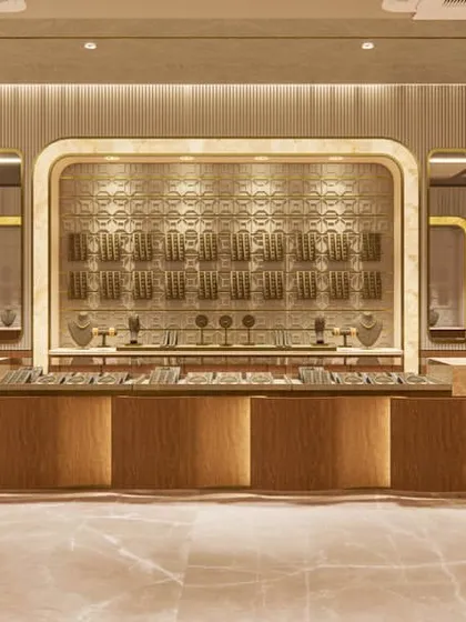 A 3D render of a luxury jewellery showroom we designed, showcasing how we create an atmosphere of opulence and elegance. The design uses soft lighting and intricate back panels to ensure the jewellery remains the star of the show.