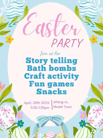 An invitation to our annual Easter Party. This special event includes storytelling, craft activities like making bath bombs, fun games, and yummy snacks for a festive celebration.