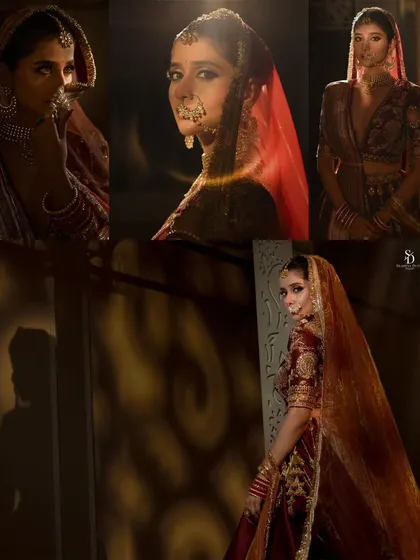 A collage showcasing different moods of a bride in a rich, red lehenga. I used dramatic lighting and shadows to create a cinematic feel, highlighting the intricate embroidery and the actress's expressive poses.