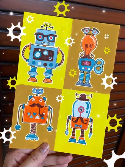 A quirky and fun illustration of four different cartoon robots. I used bright colors and gave each robot its own unique personality with details like glasses and a mustache.