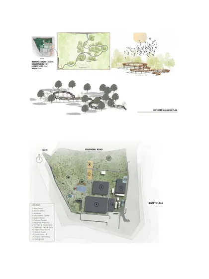 The master plan and site analysis for 'LONE LUNG SPACE', showing how the project integrates built form with extensive green areas.
