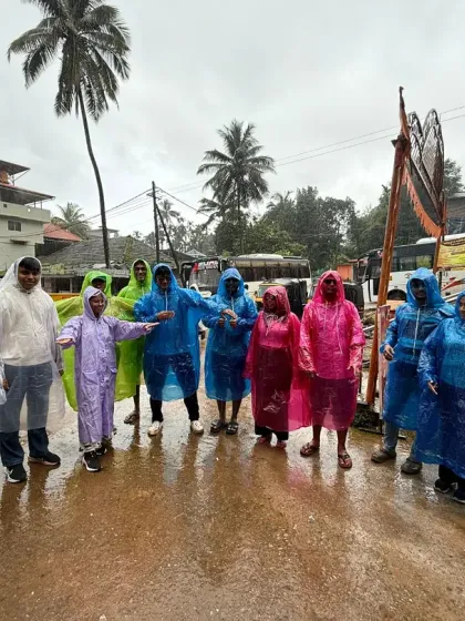 Geared up for the monsoon. A group in colorful raincoats, ready to embrace the rain and mud that are all part of the fun on a Western Ghats trek.