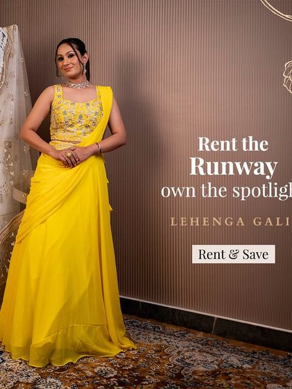Rent the runway, own the spotlight. This bright yellow drape saree is a cheerful and stylish choice for a Haldi ceremony or day event.