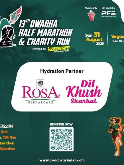 Highlighting our Hydration Partners, Rosa and Dil Khush Sharbat, for the Dwarka Half Marathon.