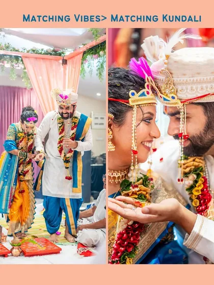 "Matching Vibes > Matching Kundali." This collage captures the fun and deep connection of the couple during their Maharashtrian wedding rituals.