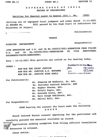 This document is the Supreme Court's record of proceedings where we filed a Special Leave Petition seeking anticipatory bail. The bench, led by the Hon'ble Chief Justice of India, issued notice and granted our client interim protection from arrest.