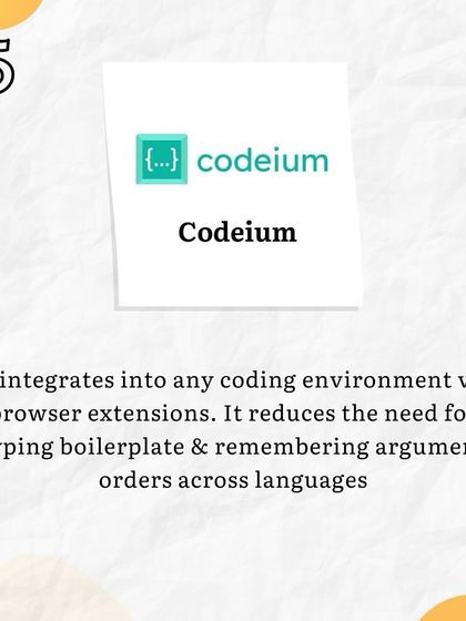 AI Tool 5: Codeium. This tool integrates into your coding environment to reduce the need for typing boilerplate code and remembering argument orders across different languages.