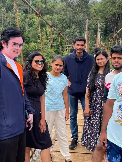 A group photo on the hanging bridge, a fun part of the Nethravathi trek.