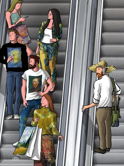 Another scene exploring the irony of posthumous fame. Vincent, in his old hat, is ignored on an escalator while others pass by wearing and carrying merchandise adorned with his art.