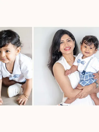 A two-part story of a baby's milestone. On the left, we see him crawling and exploring, and on the right, he's held lovingly in his mother's arms.
