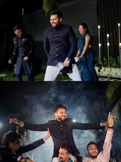 The groom enjoying his Sangeet night to the fullest, dancing with friends and being lifted on their shoulders in celebration.