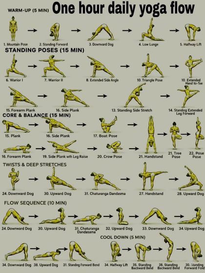 This chart outlines a one-hour daily yoga flow, breaking it down into a 5-minute warm-up, 15 minutes of standing poses, 15 minutes of core work, and more.