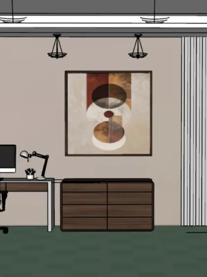 This is the 2D design for a home office or study area. We plan the placement of the desk, storage, and lighting to create a functional workspace.