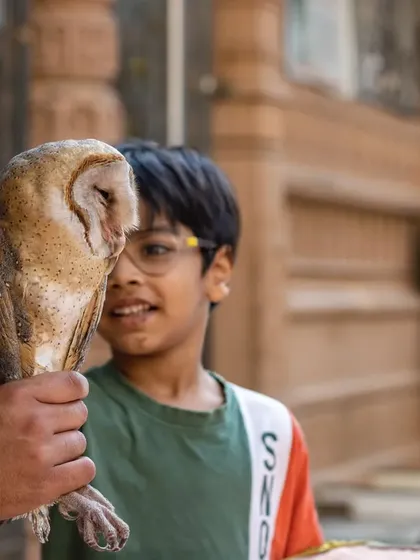 During our Makar Sankranti Bird Camp, we see the devastating impact of kite strings firsthand. Here, a young boy gets a close, gentle look at a rescued Barn Owl, a moment of connection that fosters future conservationists.