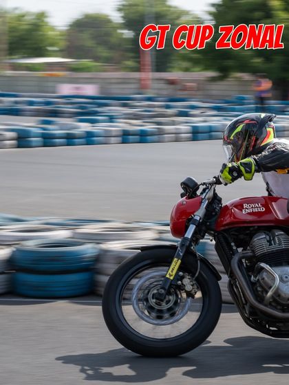 A participant at the RE GT Cup Zonal Selection in Ahmedabad, showcasing their skills on the track-prepped Continental GT 650.