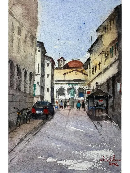A watercolor painting of a street in Florence, done with Daniel Smith watercolors. This piece captures the beautiful architecture and the daily life of this historic city.