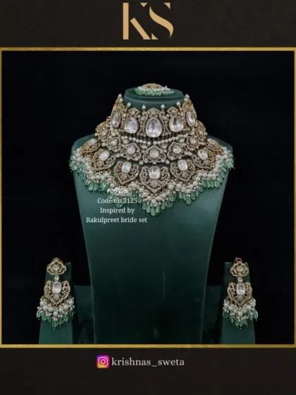 A close-up of the mint green Rakul Preet-inspired set, highlighting the detailed craftsmanship.