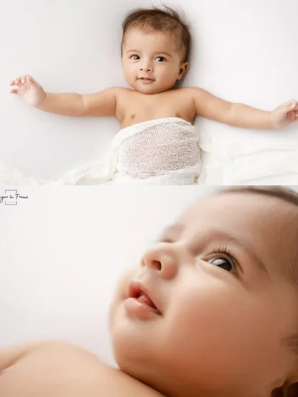A collage showing a newborn's solo portraits from a family session, capturing their delicate features and expressions.