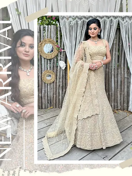 A closer look at the delicate craftsmanship of this golden lehenga. The intricate threadwork and subtle shimmer make it an elegant choice for a reception or engagement.