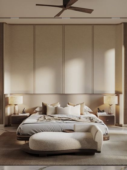 This collection of images explores a single master suite, including the main sleeping area and an integrated home office. We've rendered the space from wide angles to detailed close-ups, showcasing the cohesive design, material textures, and sophisticated lighting.