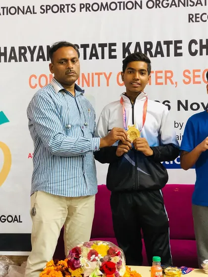 Another one of my students receiving his gold medal at the Haryana State Karate Championship, securing his spot in the nationals.