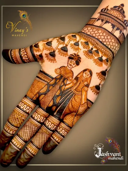 A special design for the Gangaur festival. This portrait mehndi depicts a couple celebrating the festival, set against a backdrop of traditional Rajasthani architecture.