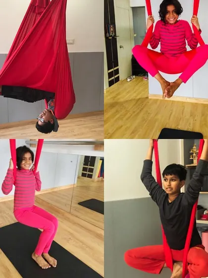 My kids' aerial yoga classes are all about joyful play. We swing, we hang upside down, and we learn to trust our bodies in a fun, safe environment, building confidence with every new pose.