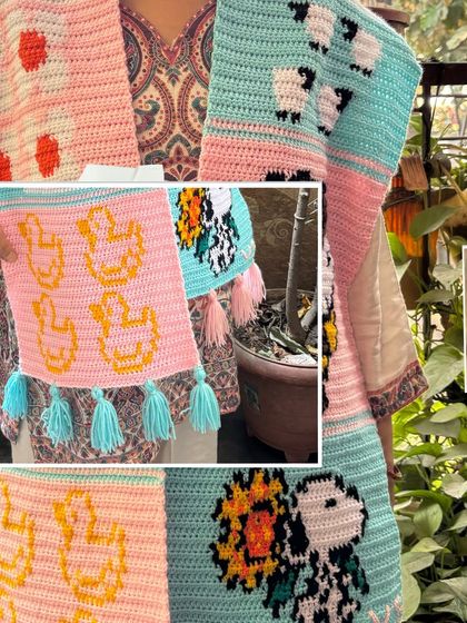 A collage showing the different tapestry panels on our custom cartoon muffler, including cute yellow ducks and little sheep.