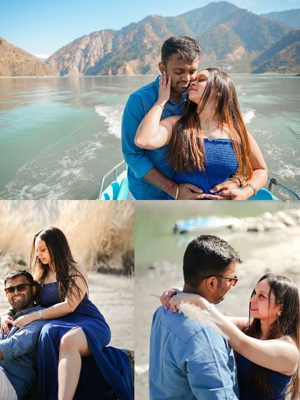 A collage of a fun and romantic pre-wedding shoot in Dalhousie, featuring moments on a boat and by the lakeside.