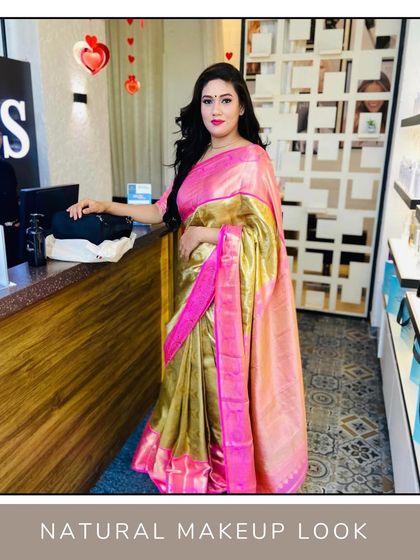 A full view of this stunning party guest. The makeup and hair are styled to perfection, ensuring she stands out in the best way.