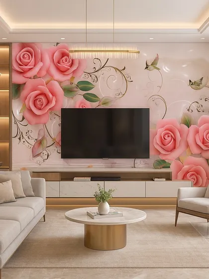 This living room features a romantic 5D wallpaper with large, embossed pink roses behind the TV unit. The design adds a touch of classic elegance and softness to the modern interior.