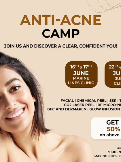 An announcement for our Anti-Acne Camp, held at our Marine Lines and Juhu clinics, offering up to 50% off on services like chemical peels, lasers, and RF micro-needling.