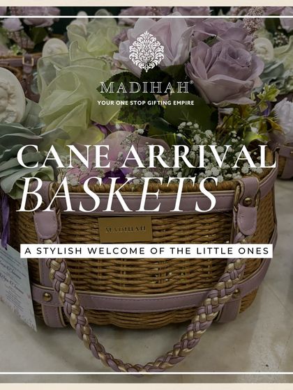 A promotional image for the Cane Arrival Baskets, titled 'A stylish welcome of the little ones'. This shot captures the basket's charm and positions it as an elegant choice for modern baby announcements.