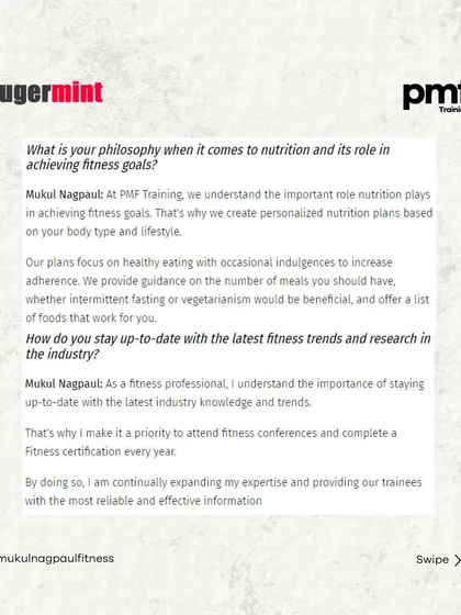 I had the pleasure of being interviewed by Sugermint India about my journey as a fitness expert and the founder of PMF Training. This carousel shares excerpts from our conversation.