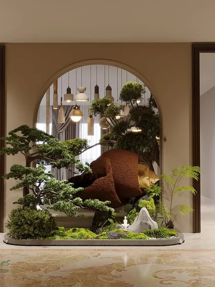This grand entryway design features a statement faux tree and Vastu-aligned artifacts to create a welcoming and auspicious focal point. The arched niche and pendant lighting draw the eye, making a powerful first impression.