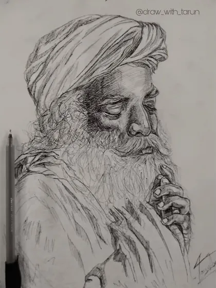 The black and white version of my Sadhguru sketch, done with a ballpoint pen. The cross hatching technique is visible here, showing how I build up tone with lines.