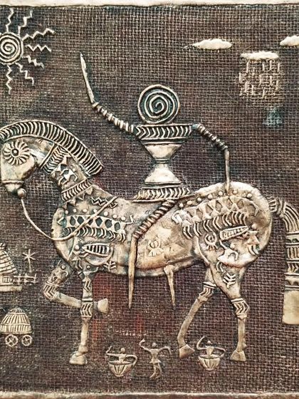 A close-up of the traditional horse relief panel, showing the detailed patterns and textures that give the piece its unique, rustic charm.