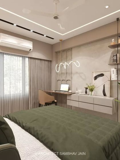 This modern bedroom showcases a sleek and minimalist design. The study wall is adorned with sleek paneling and a textured wall backdrop, enhanced by rod-mounted open shelves which offer both functionality and a stylish display area.