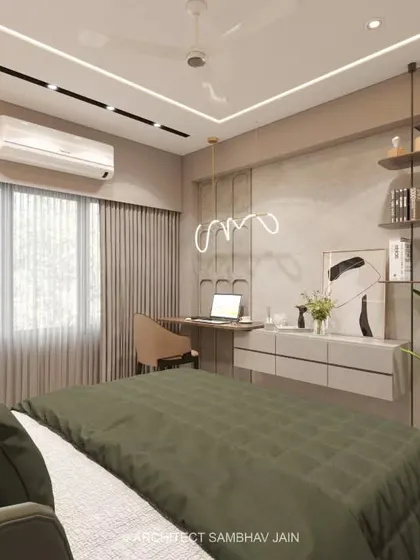 This modern bedroom showcases a sleek and minimalist design. The study wall is adorned with sleek paneling and a textured wall backdrop, enhanced by rod-mounted open shelves which offer both functionality and a stylish display area.