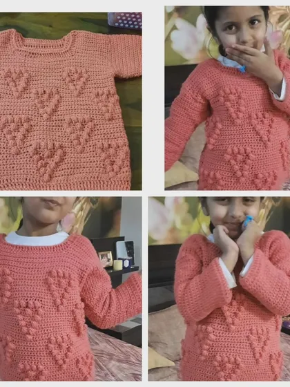 A collage of my daughter wearing the pink bobble-stitch heart sweater. This was one of my very first creations, and it holds so many special memories. It reminds me of how far I've come on my crochet journey.