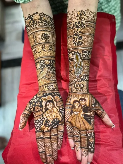 A baby shower or Godh Bharai is a beautiful milestone. I created this custom portrait mehendi for the happy couple, with 'Mom To Be' and 'Dad To Be' designs, along with cute baby elements to celebrate their journey into parenthood.