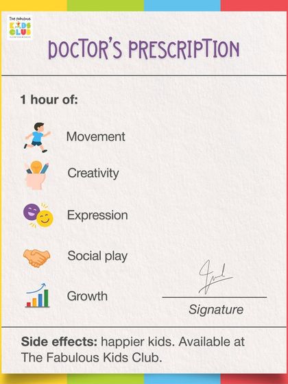 Here's a doctor's prescription for a happy child: one hour of movement, creativity, expression, and social play. Side effects include happier kids, available daily at our club.