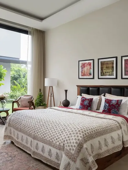 This guest bedroom is designed to be a warm and welcoming space for visitors. The traditional block-print bedspread and wooden furniture create a cozy, classic feel, while the large window connects the room to the garden.