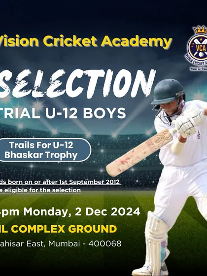 Your journey starts here. We hold official selection trials for prestigious MCA tournaments, providing a direct platform for young talent like the U-12 Bhaskar Trophy.
