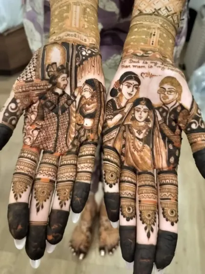 This is a very personal design, showing the bride's varmala ceremony on one palm and a portrait with her parents on the other. I work from photos to capture these special relationships and moments.