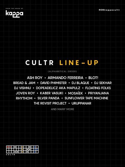 The official CULTR festival lineup in alphabetical order. It's always great to see my name, DJ Vishnu, listed with so many talented peers from the Indian music scene.