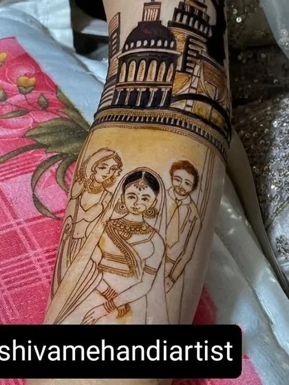 A detailed portrait of the bride with her parents, set against an architectural backdrop. A beautiful tribute to family.